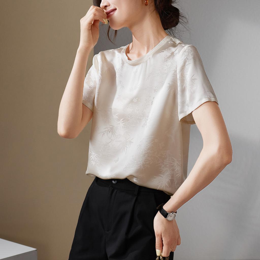 National Style New Chinese Jacquard Mulberry Silk Shirt for Women
