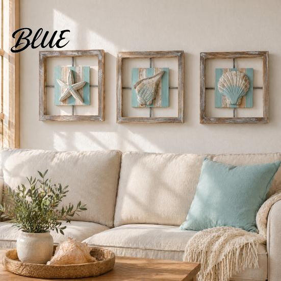 American Country Home Art 3D Beach Wooden Frame Wall Art  Coastal Style Starfish/Conch/Shell Decor  Ocean House Ornaments Inspired Mount Decor