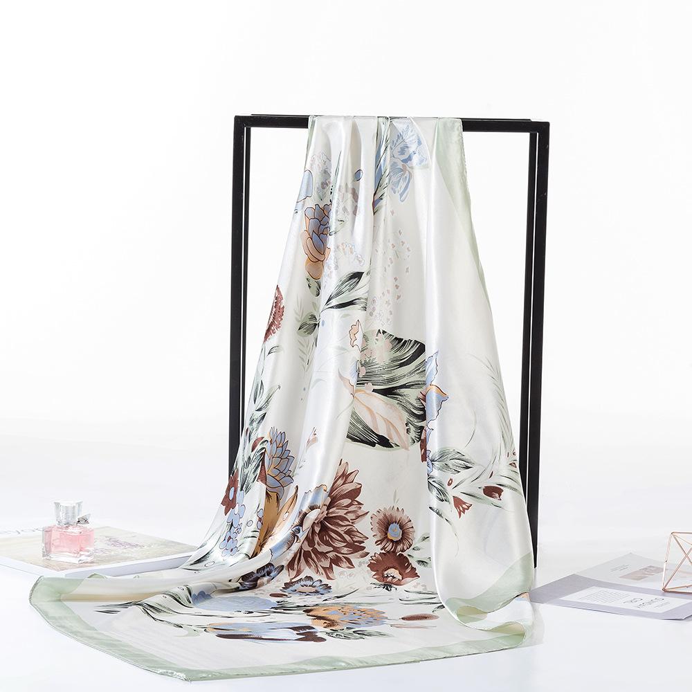 90*90Cm Square Flower Silk Scarves Women Hijab Shawls Print Kerchief Femme Head Scarf Foulard Bandana Beach Pareo