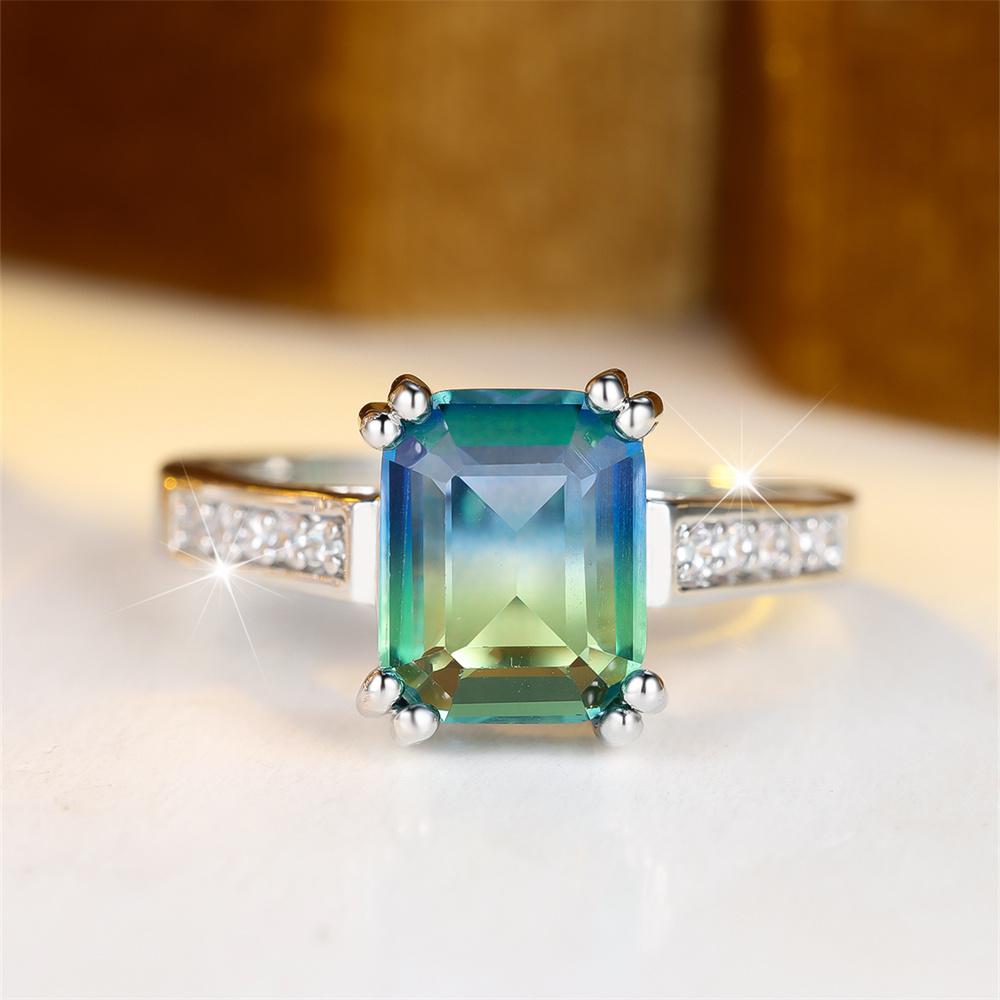 Square Stone Blue Green Zircon Rings For Women Vintage Silver Color Engagement Ring Wedding Jewelry Bridal Valentine's Day Gifts