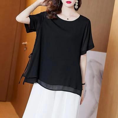 Mom's Fashion Casual Chiffon Shirt Women's New Summer Round Neck Short Sleeve Top Loose Western Style