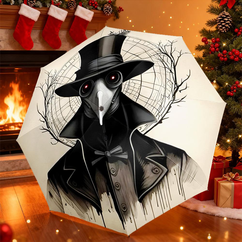 Automatic Umbrella with Victorian Plague Doctor Top Hat Portrait Print, Windproof Travel Umbrella for Adults, Outdoor Rain Gear