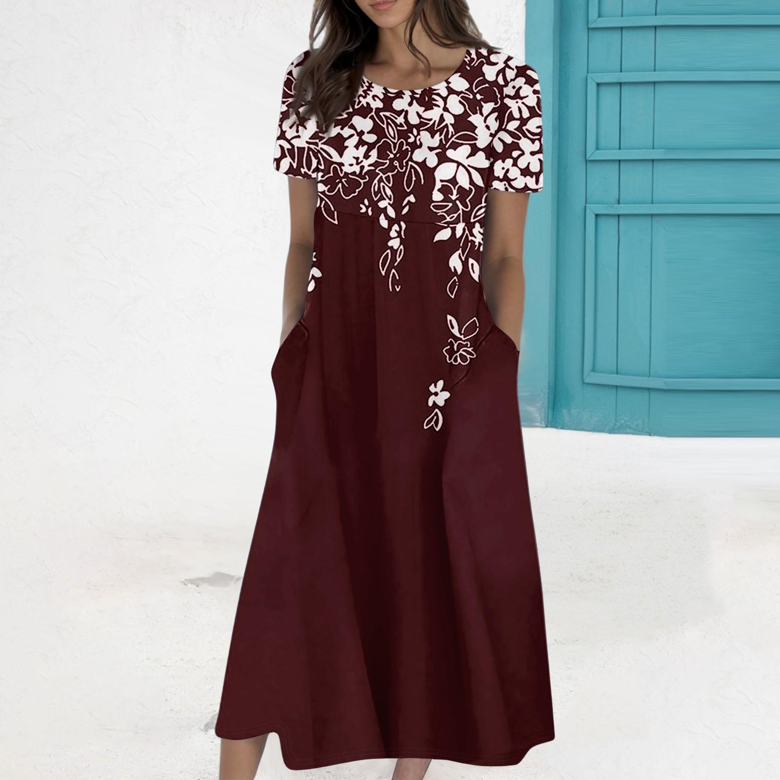 

Женское летнее повседневное модное платье с коротким рукавом и карманом с круглым вырезом XXL