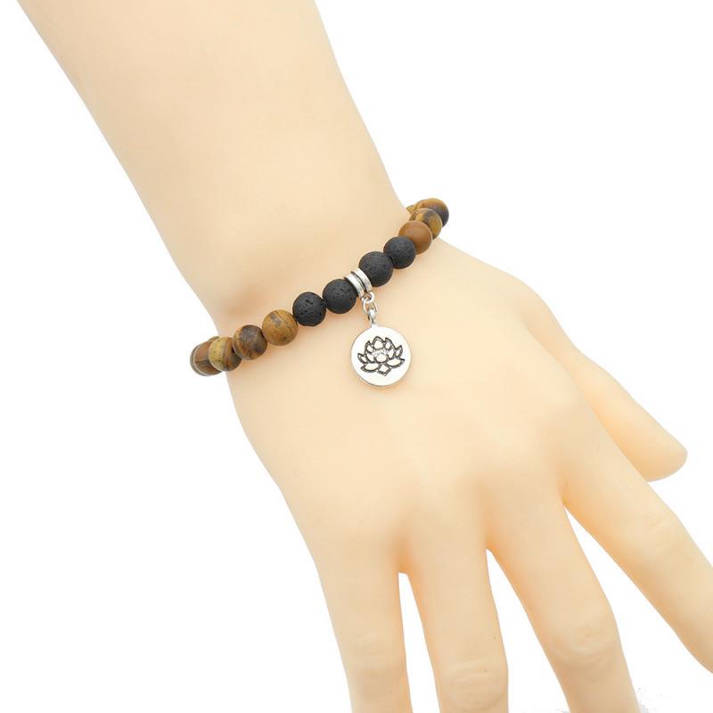 Lotus Yoga Tree of Life Pendant Mala Bracelet with Volcanic Stone & Tiger Eye