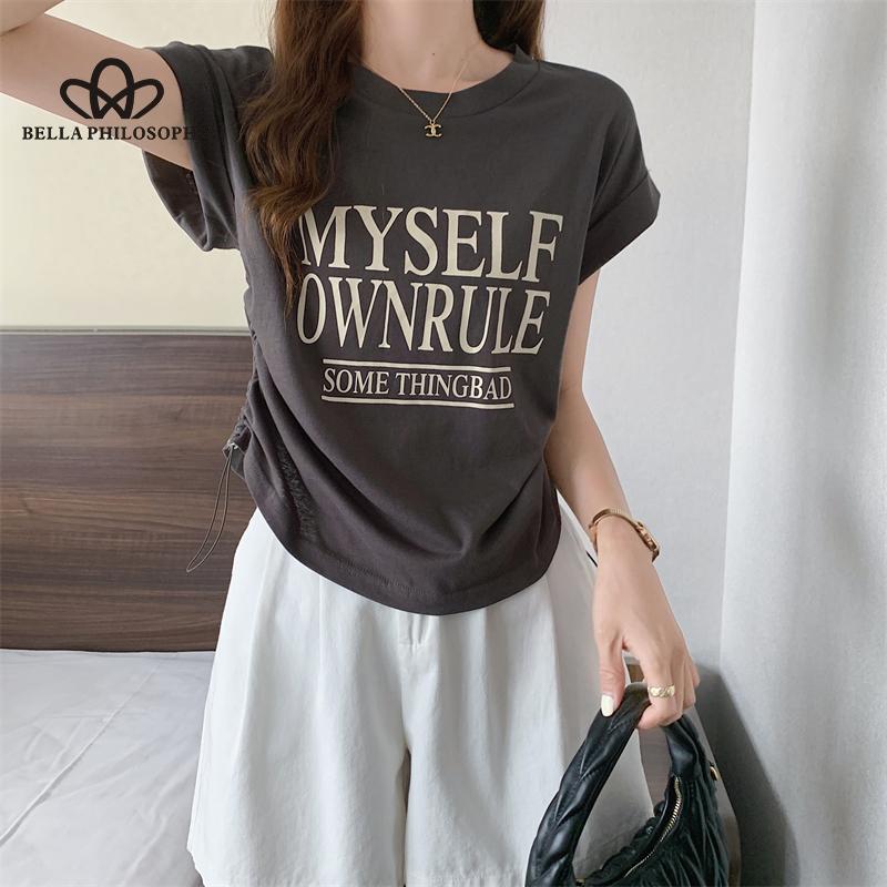 

Футболка с короткими рукавами и круглым вырезом с принтом букв, женская летняя новая свободная короткая футболка на шнурке XL серый