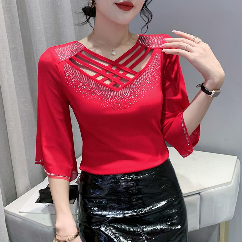2024 Summer Mesh Fashion Cross Hollow Hot Drill Slimming Sun Protection Top for Women