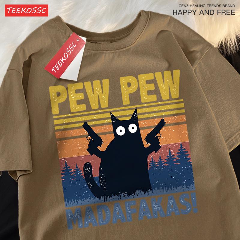 Pew Pew Madafakas Doppelpistole Katze Kurzarm Übergroße Atmungsaktive T-Shirts Baumwolle Sommerkleidung Street Casual T-Shirt Männer