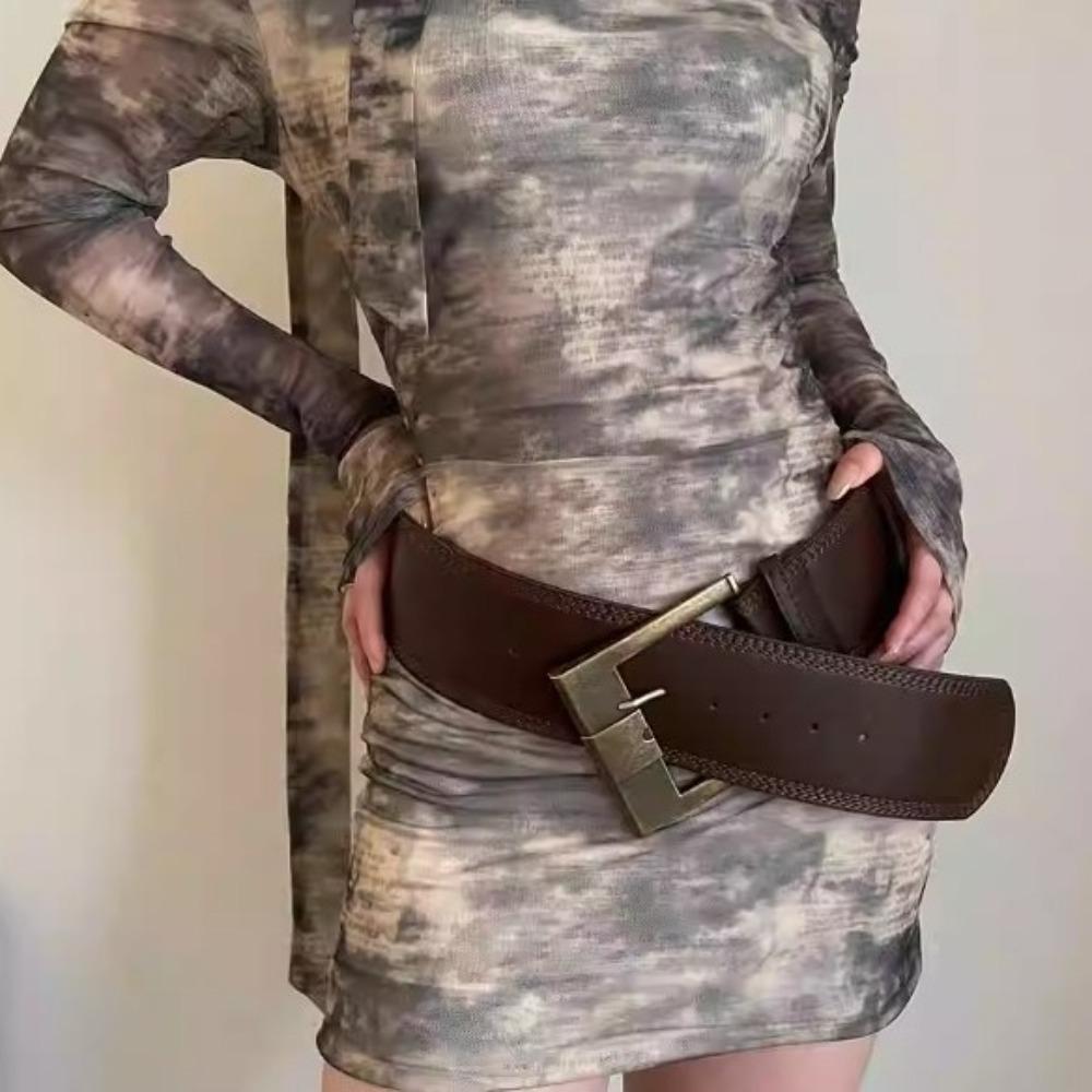 Coffee/Red Metal Buckle Wide Belt Y2K PU Leather Waistbands Retro Wide Waist Belt Woman Girl