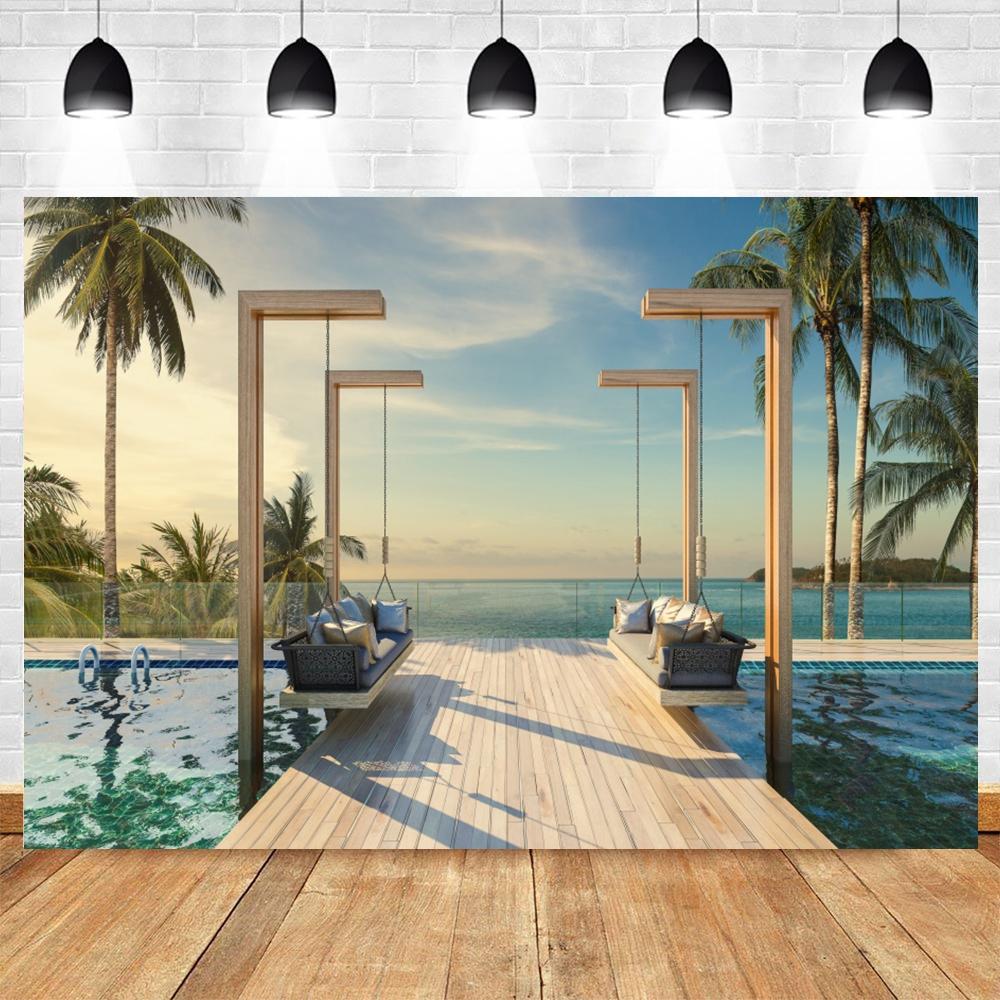 Summer Seaside Tropical Beach Balcony View Backdrop Palm Trees Mountain Wedding Party Portrait Photography Background Photo Prop