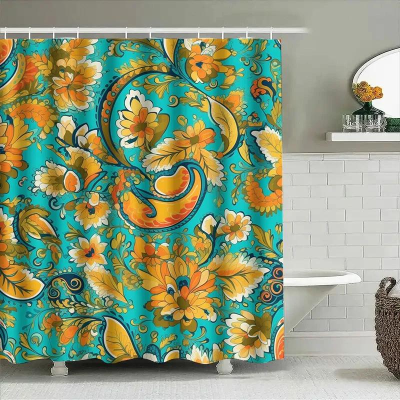 Handmade Shower Curtains with Floral Print Blue Green Yellow Orange Decorative Customizable Size Water Repellent Shower Panels W