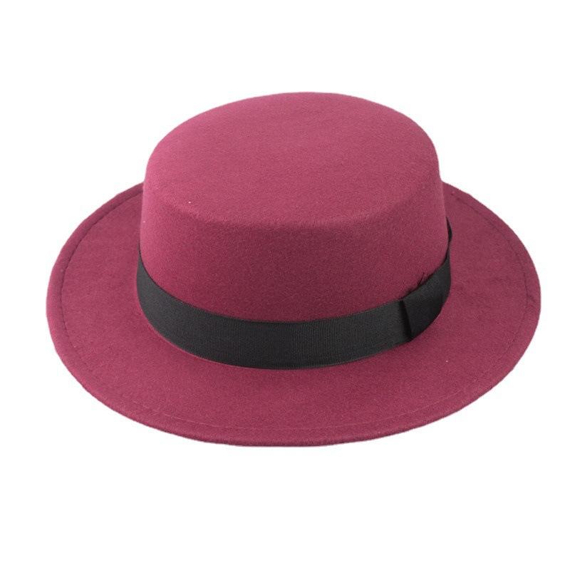 Simple black strap flat top woolen top hat autumn and winter woolen hat men's and women's hats flat edge retro British gentleman's hat