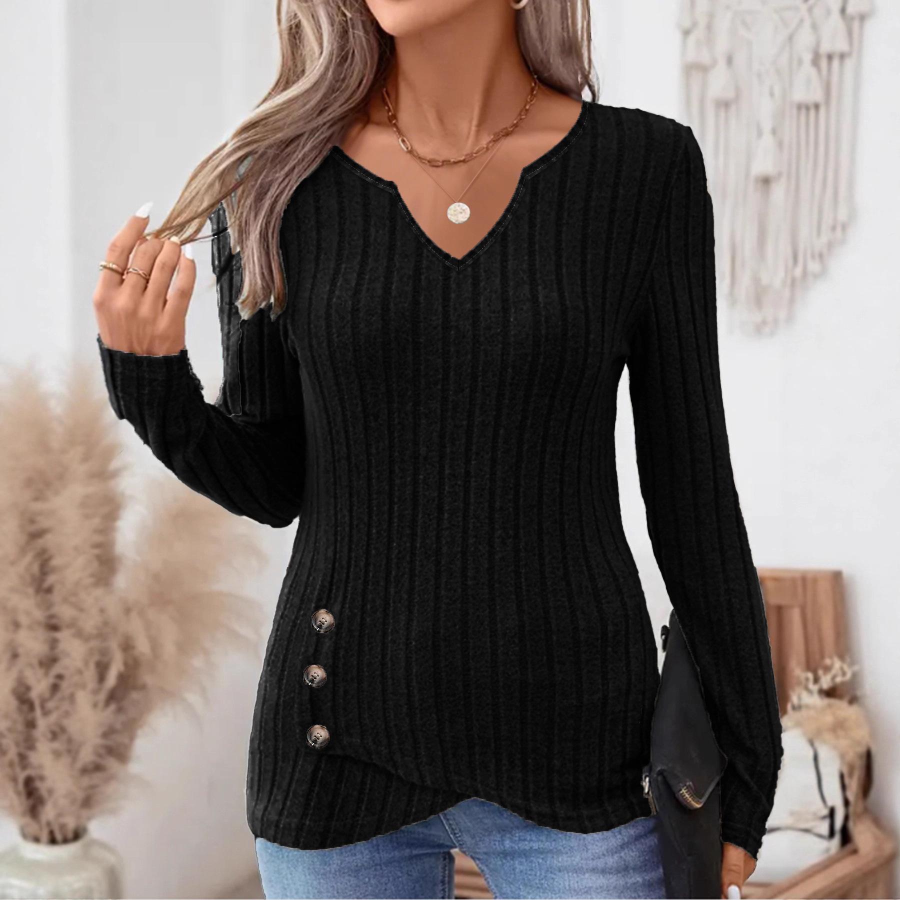 

2025 Нові Осінньо-Зимові Жіночі Модні В язані Топи з V-подібним Вирізом та Довгим Рукавом для Жінок S чорний