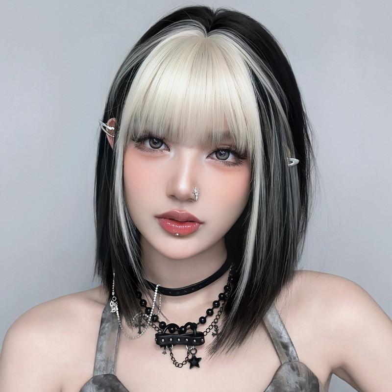 Short Straight Wig Women White Gray Bangs Full Head Cover Heat Resistant Synthetic Fiber Natural Look D-157 Any Face