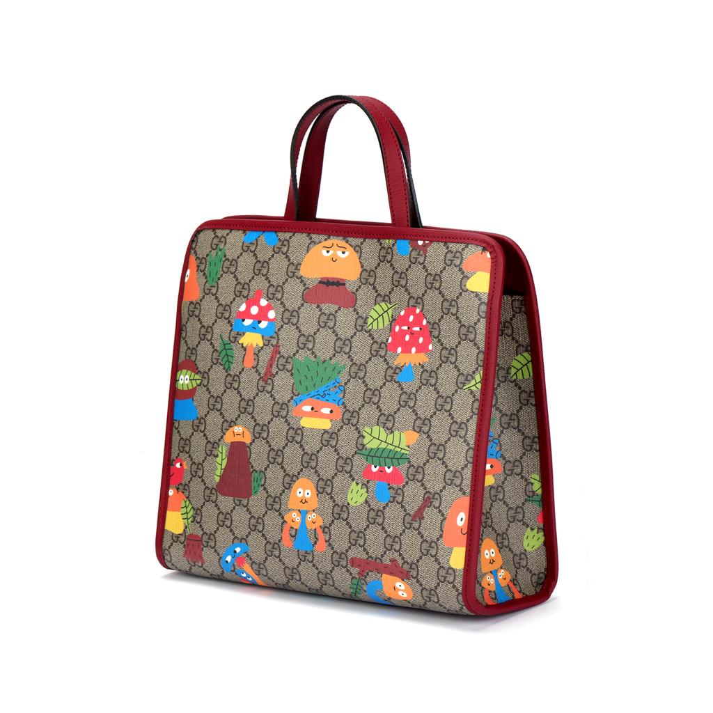 Gucci Torba tote z płótna i skóry z nadrukiem grzybów leśnych Torby tote dla dzieci Hebanowy Bordowy 605614-22BBN-8682