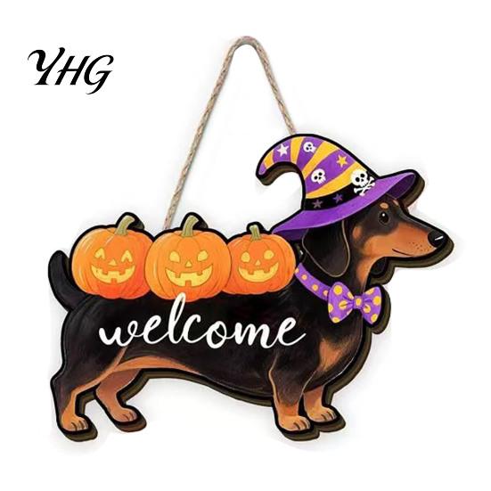 Pumpkin Theme Ornaments Halloween Ghost Welcome Door Hanger, Cute Wooden Sign with Witch Hat & Hanger Elements, Fall Indoor Outdoor Wall Decor