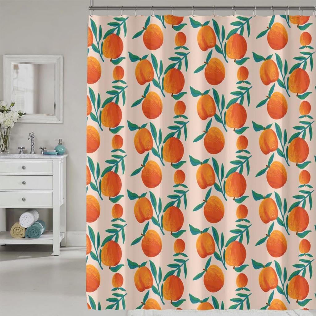 Peach Shower Curtain, Vibrant Cute Fruit Waterproof Shower Curtains for Bathroom, Cartoon Home Decorative Fabric Bath Curtain