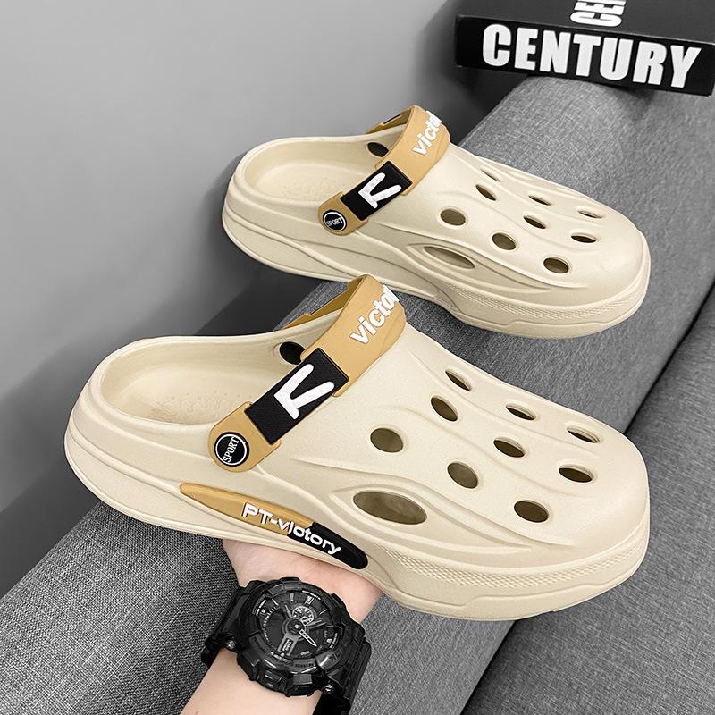 

Новые летние дырчатые туфли мужские носят с сумкой на голове, мужские сандалии, дышащие пляжные шлепанцы 45 хаки