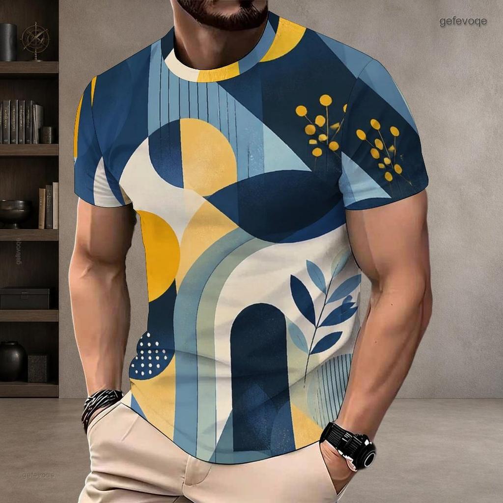 Men Plus Size Round Neck Short Sleeve T Shirt Abstract Geometric Printed Multicolor Casual Pullover