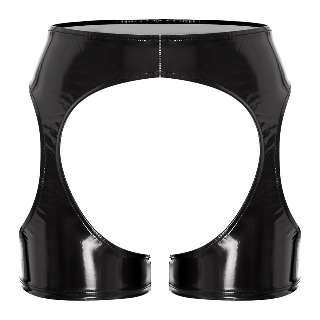 Womens Wet Look Hot Pants Open Crotch Thigh Cutouts Bodycon Boxer Shorts Patent Leather Design for Pole Dance