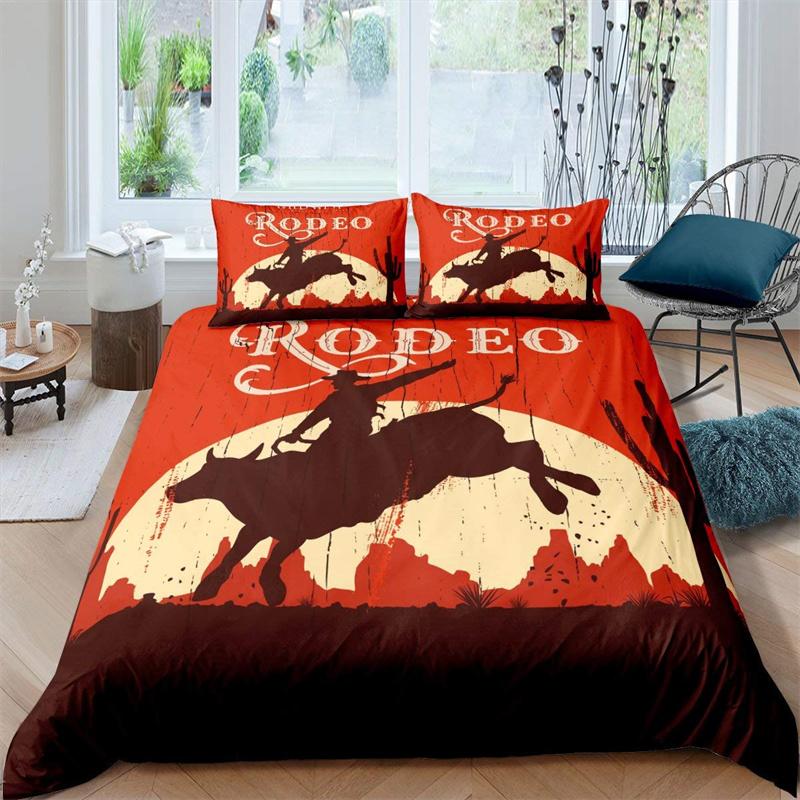Western Cowboy Duvet Cover Rodeo Cowboy Riding Bull Horse Bedding Set Full For Boys Teen Microfiber Farmhouse Style Quilt Cover