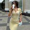 Women's Knitted Dress Summer High Waist Short Sleeve Ruffle Neck Bodycon Dresses Femme Slim Vacation Clothes French Vintage Elegant Evening Dress