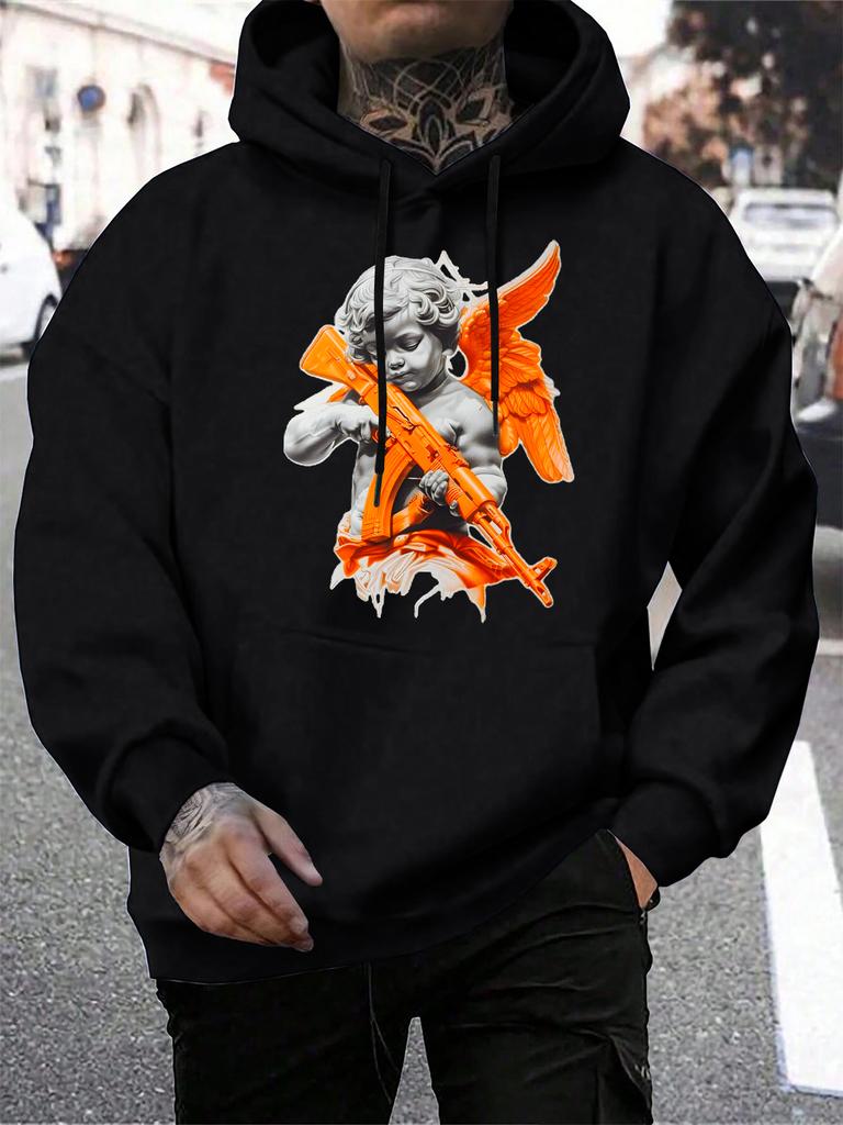 Angel Boy With Wings Holding A Gun Prints Hoody Men Casual Street Pullover Autumn Fashion Hoodies Multicolor Pocket Clothes