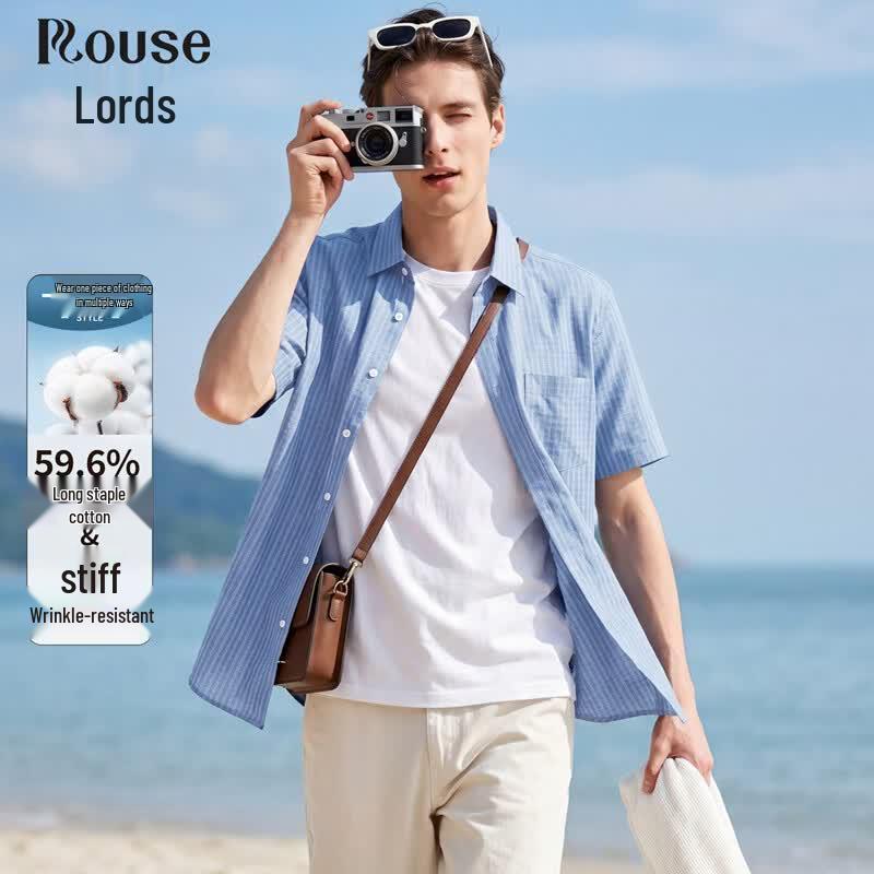 Luotz Men s Easy-Care Plaid Short-Sleeve Shirt 185 синий