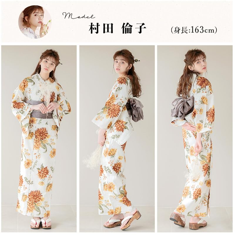 (Dita) Women's Yukata 5-Piece Set, Orange, Yellow, Brown, Floral, Antique, Vintage, Natural, Easy to Wear by One Person (Antique Swag, FREE (Free