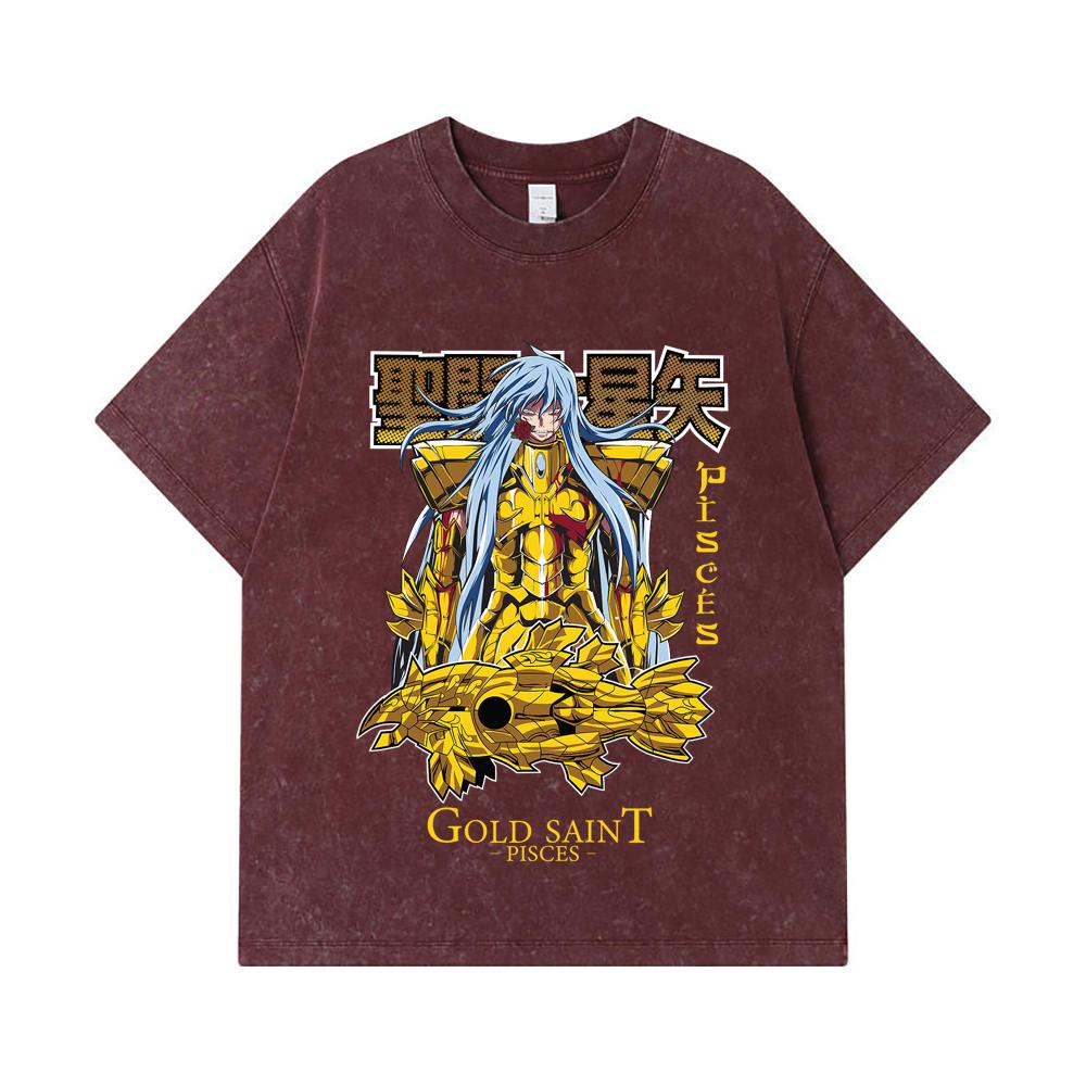 275 GSM Washed T-shirts 100% Cotton Saint Seiya V25 Pisces Print Unisex Heavy Cotton T Shirt