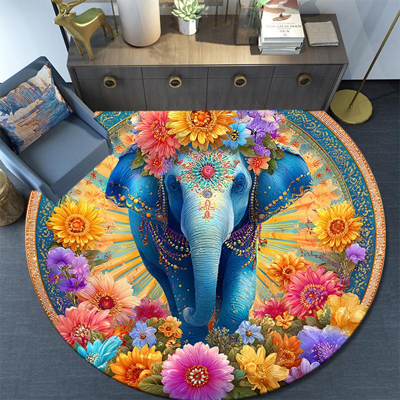 Elephant Round Area Rug,Carpet Rug for Living Room Bedroom Sofa Playroom Decor,Non-slip Floor Mat