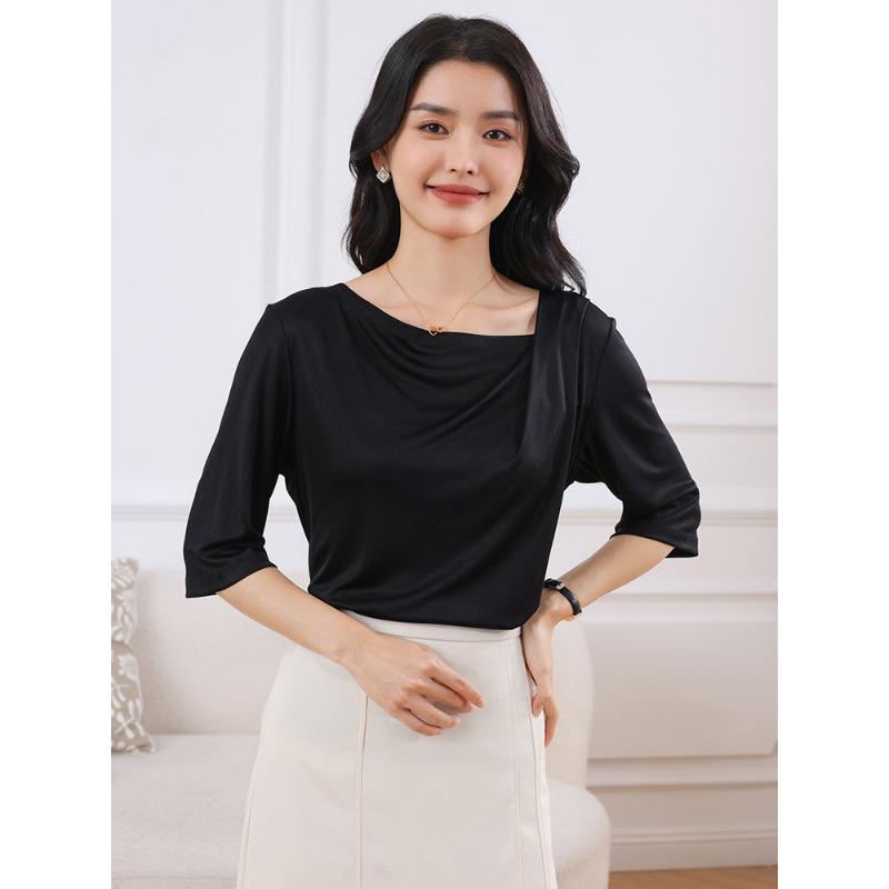 

Ацетановый атласный топ с короткими рукавами, женский, с нерегулярным косым воротником, драпированный, облегающий низ XXL