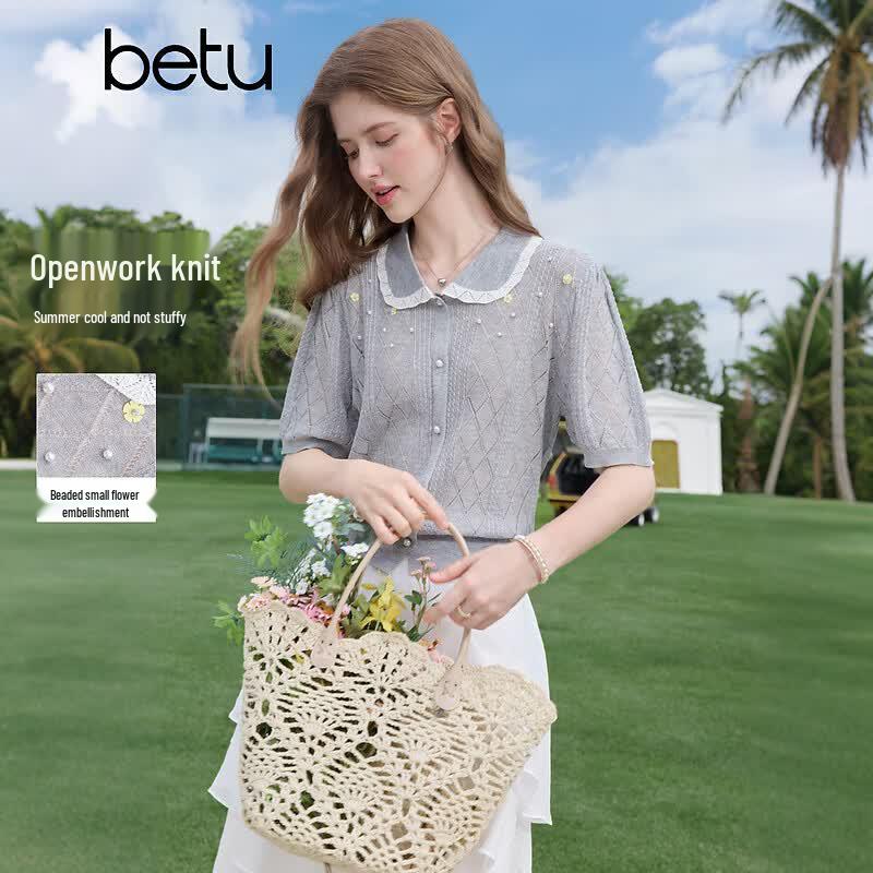 BETU Women s Summer Contrast Collar Hollow Knit Top L
