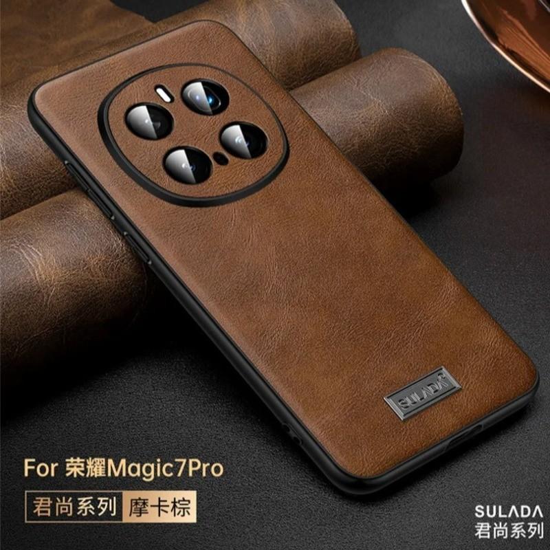 Luxury Cowhide Leather Phone Case for Huawei Honor Magic 8 Pro Magic 7 6 Pro Fine Hole Lens Protective Plain Color Back Cover