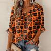 Women's Halloween Print Round Neck Tie Front Ruffle Blouse Three-Quarter Sleeves