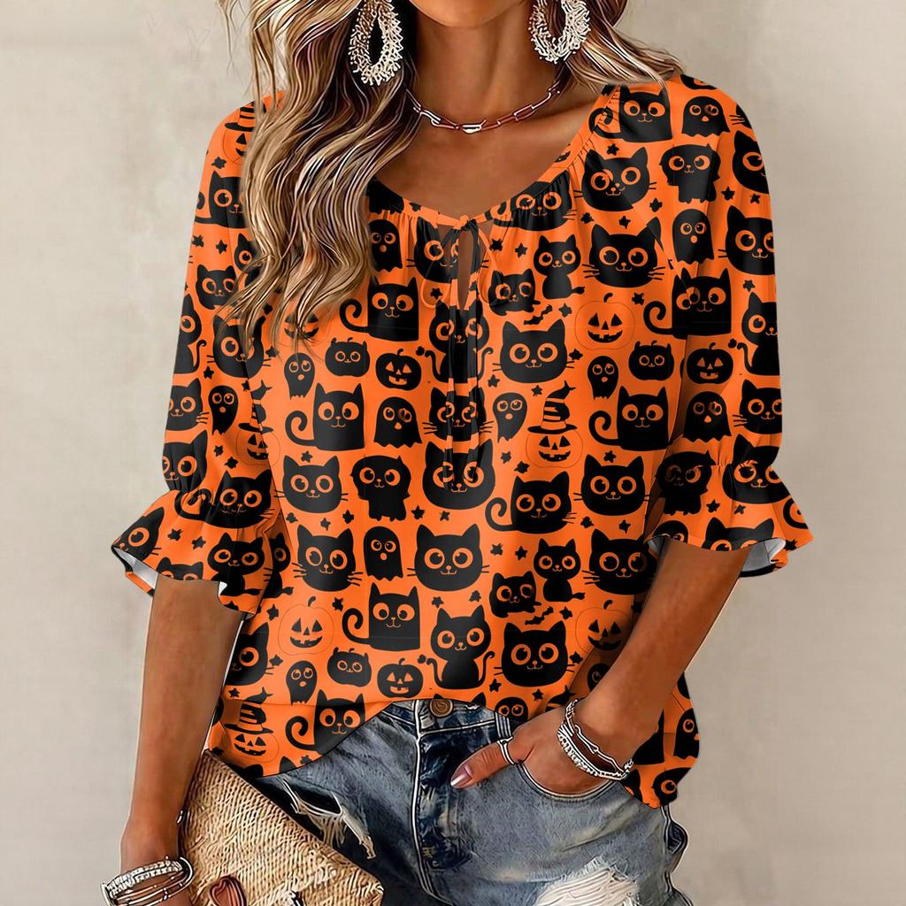 Women's Halloween Print Round Neck Tie Front Ruffle Blouse Three-Quarter Sleeves