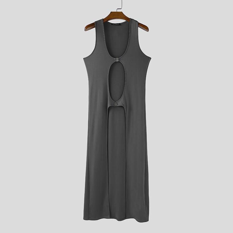 INCERUN Men U Neck Sleeveless Cutout Button Casual Long Tanks Cardigan