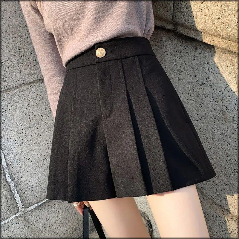 

Простота мода осень новые женские молнии пуговицы плиссированные корейские повседневные с высокой талией свободные прямые А-силуэта широкие шорты юбки M чёрный