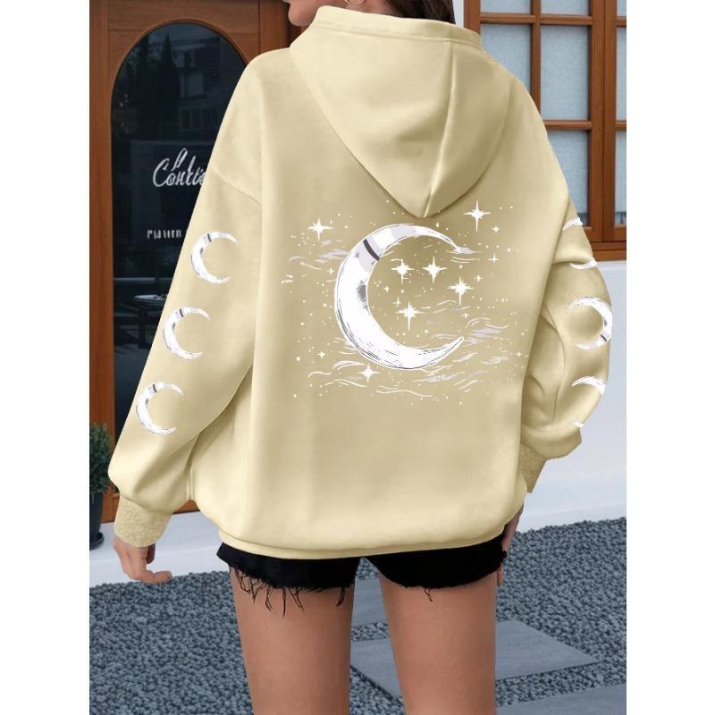 Sun, Moon, and Stars Print, 100% Polyester Plus Size Women's Hooded Sweatshirt