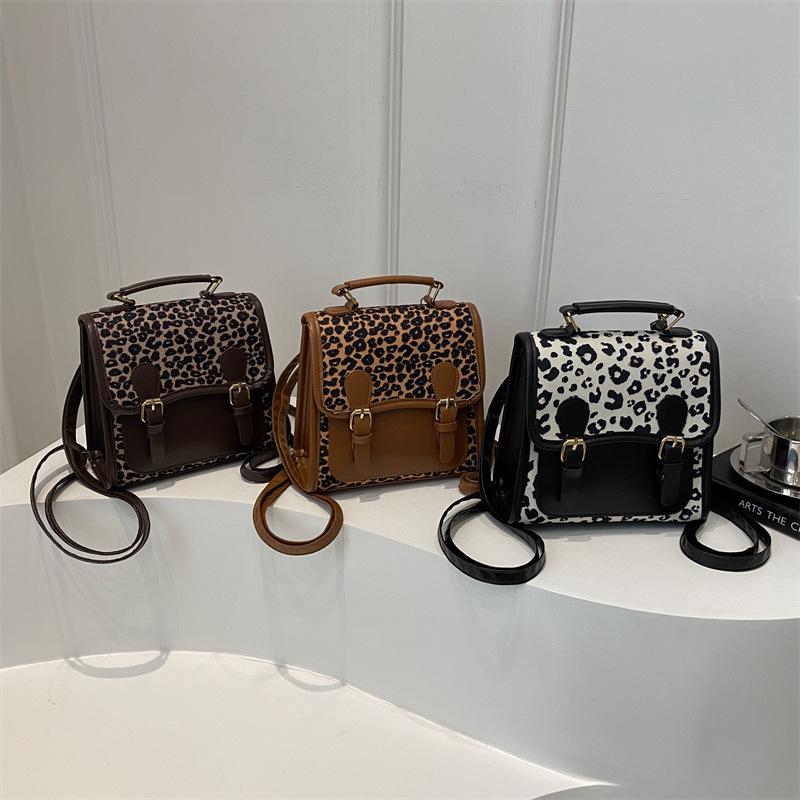 Women Bag College-style Leopard Print Backpack Student Hand-carried Schoolbag Retro Single-shoulder Backpack Coffee Color Simple