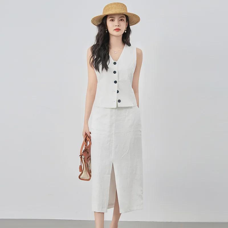 2425408-Elegant Linen Vest & Skirt Set - Women's Early Autumn
