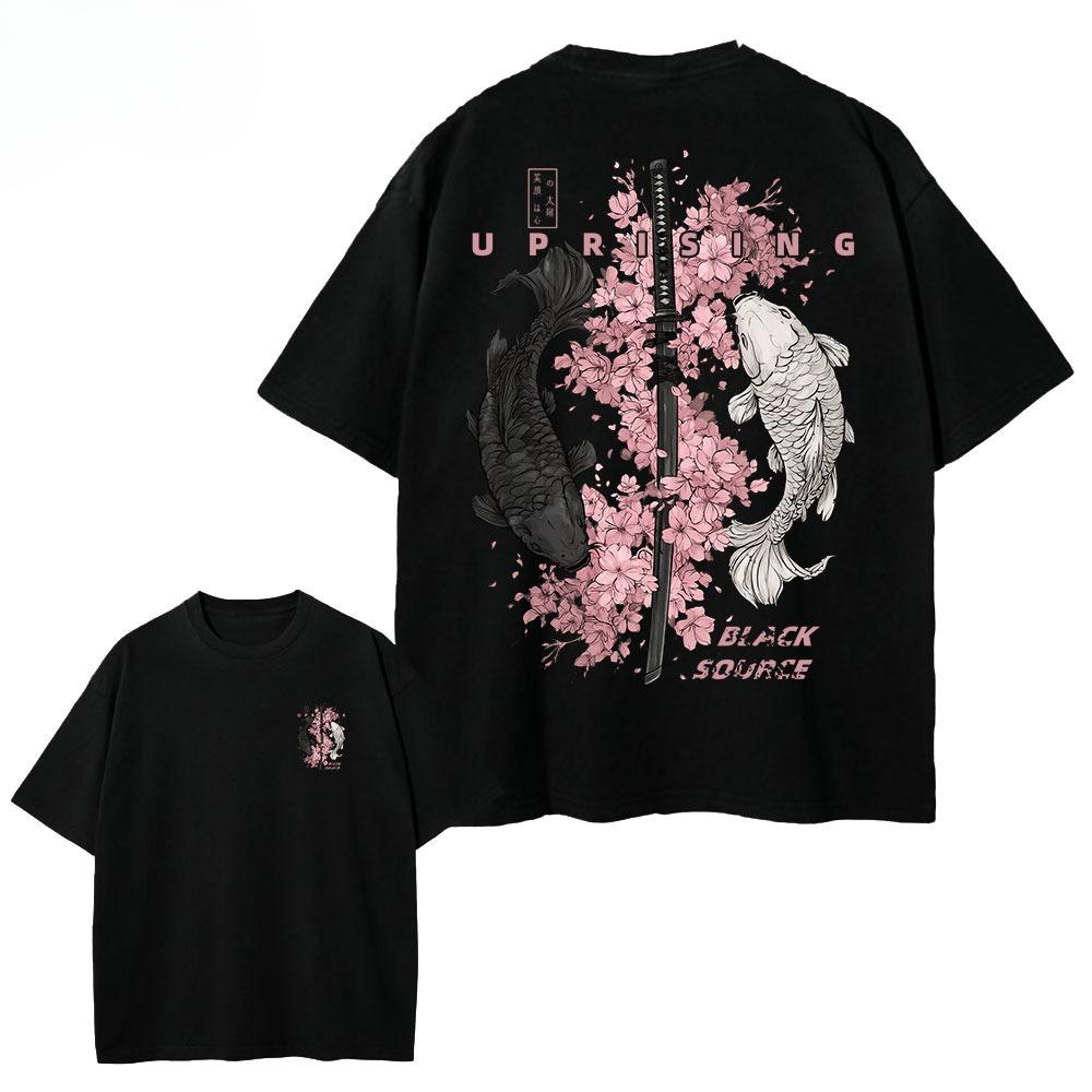 4 Vintage Koi Fisch Sakura Katana Grafik T-Shirt Kirschblüten Schwert Druck Unisex Baumwolle Rundhals Kurzarm Street Tee Top