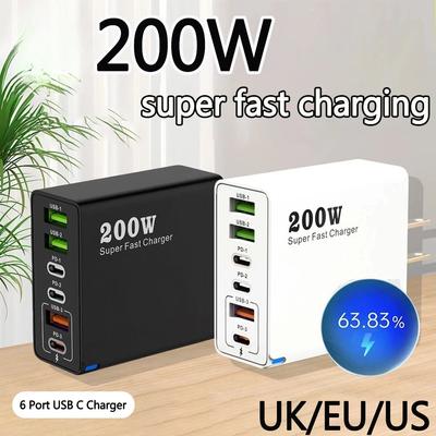 200W ülikiire laadimine 6 pordiga USB-C laadija PD3.0 USB-C Type-C mobiiltelefoni laadija iPhone 16 Samsung Xiaomi iPad telefonile