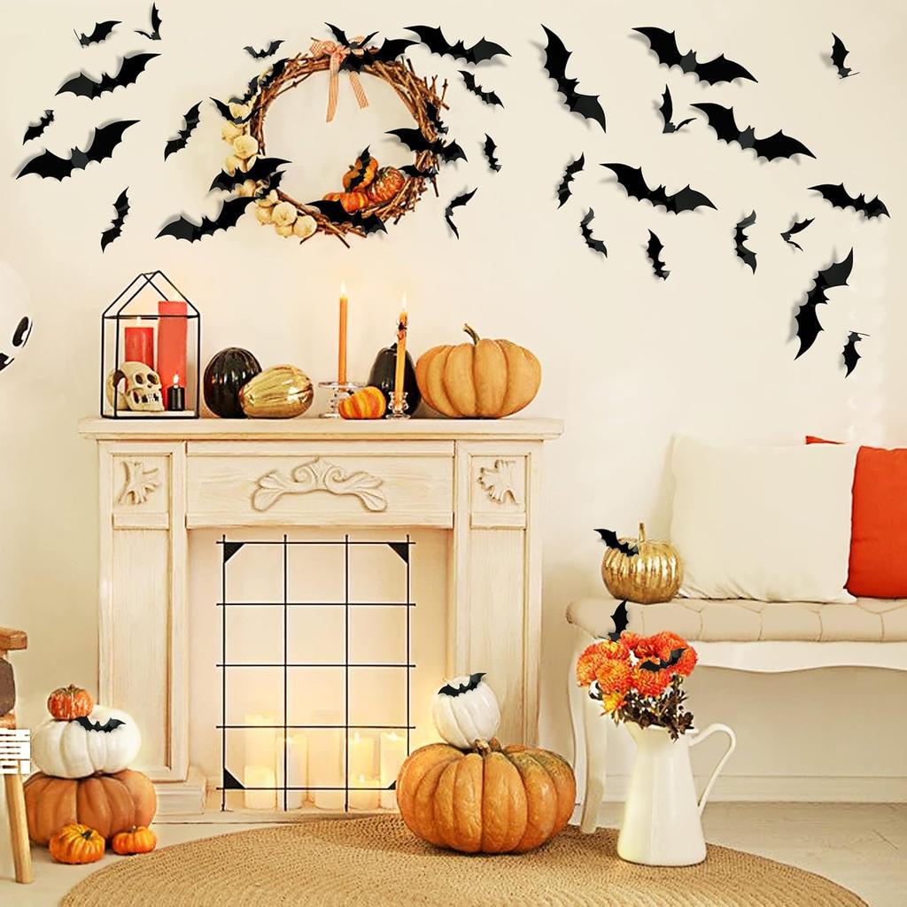 TDHDIKE Halloween Decorations Bats Wall Decor Halloween Party Decorations Indoor Outdoor Decor Supplies, 64 Pcs Reble PVC 3D Black Bats Stickers for