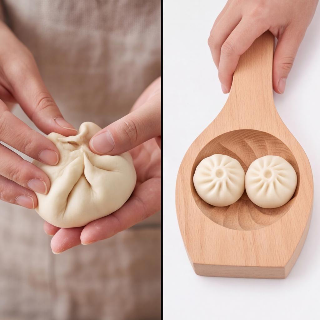 Wooden Steamed Bun Mold: DIY Baozi Dumpling Mooncake Pastry Maker with Filling Spoon - Sturdy Solid Wood Kitchen Tool for Family Cooking 8.15 inch