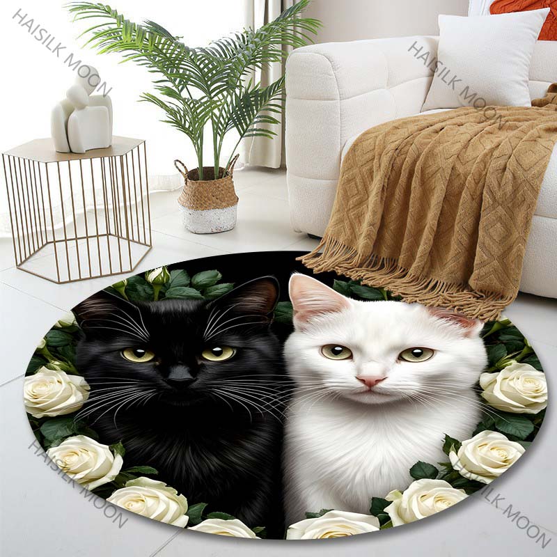 

Multiple sizes Black and white cats, white roses Print Round Carpet Living Room Bedroom Table Chair Sofa Decorative Carpet Diameter -60cm