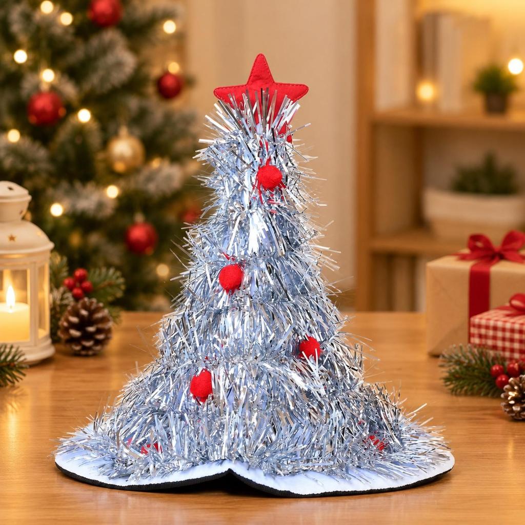 Christmas Tree Hat with Star Topper Festive Tinsel Whimsical for Holiday
