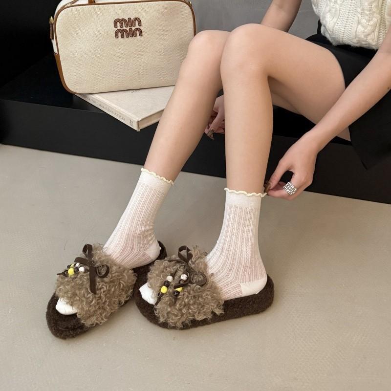 Lazy casual bow beaded thick-soled fluffy slippers women's autumn and winter new home curly fluffy slippers