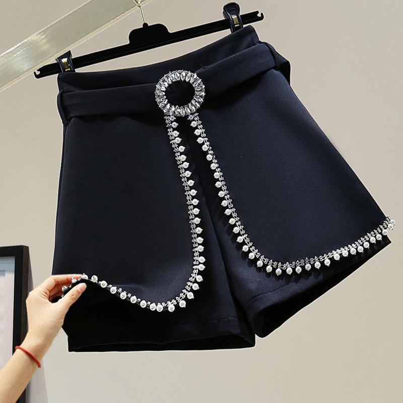 Pantalones cortos de traje con incrustaciones de diamantes con cuentas Pantalones anchos de cintura alta elegantes para mujer
