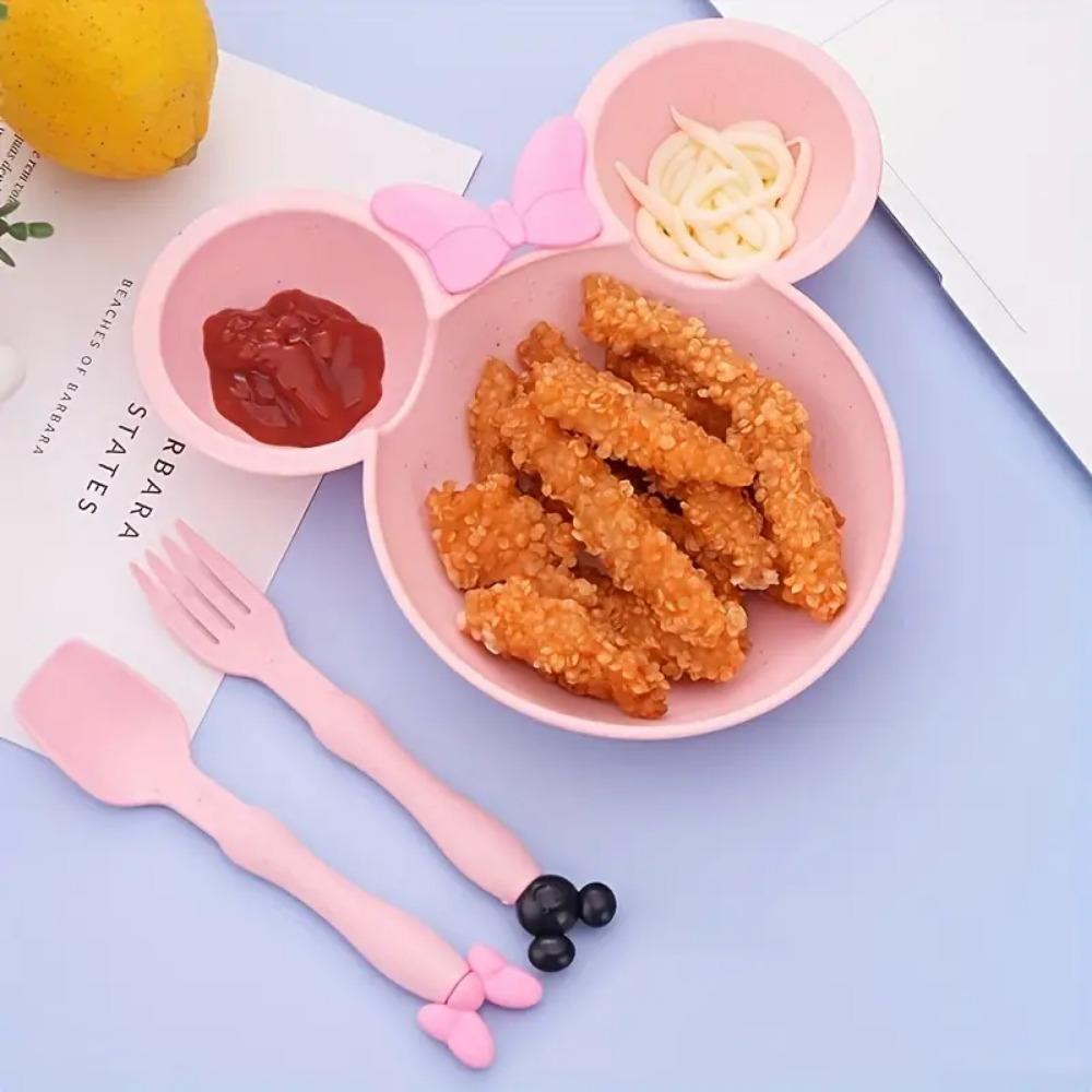 3 Stück/Set Cartoon Baby Schüssel Geschirr Set Weizenstroh Kindergeschirr Kinder Abendessen Fütterungsplatte Schleife Speiseteller Löffel Gabel