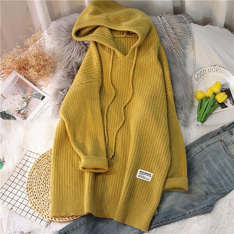WTEMPO Hooded Long Sweater Drop Shoulder Women Autumn Winter Solid Knitted Pullovers Warm Loose Casual Knitwear Hoody Jumper
